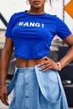 Blue O Neck Short Sleeve Slim fit Solid Letter