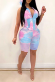 Multicolor Casual Patchwork Tie-dye Hooded Collar Sleeveless Two Pieces