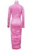 Fluorescent green OL Long Sleeves Turtleneck Hip skirt Ankle-Length Print Draped Dresses