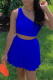 Blue Fashion Sexy Solid Backless One Shoulder Sleeveless Two Pieces
