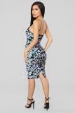 Blue Fashion Sexy Spaghetti Strap Sleeveless Slip Step Skirt Knee-Length Patchwork Print
