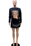 Blue Casual Print O Neck Long Sleeve Mini Pencil Skirt Dresses