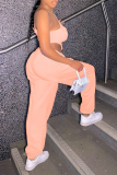 Pink Casual Solid Hollowed Out One Shoulder Sleeveless Two Pieces
