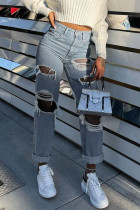 Blue Gray Street Solid Make Old Mid Waist Regular Denim
