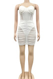 White Sexy Solid Patchwork See-through Fold Spaghetti Strap Pencil Skirt Dresses
