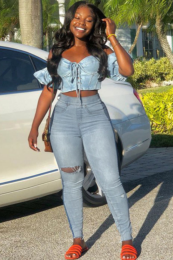 Light Blue Denim Elastic Fly Sleeveless High Hole Solid washing Patchwork pencil Pants 