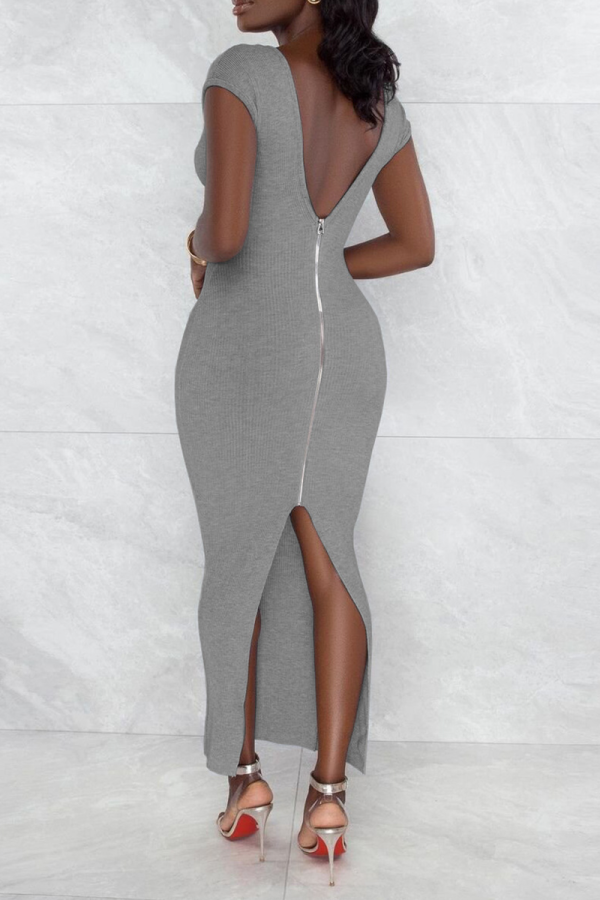 Grey Sexy Solid High Opening Zipper U Neck Pencil Skirt Dresses