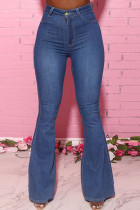 Blue Fashion Daily Adult Solid Buttons Mid Waist Boot Cut Denim