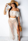 Blue Sexy Fashion tassel HOLLOWED OUT Solid perspective Patchwork A-line skirt Short Sleeve Tw