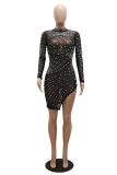 Apricot Sexy Hot Drilling Tassel Patchwork Half A Turtleneck Irregular Dress Dresses