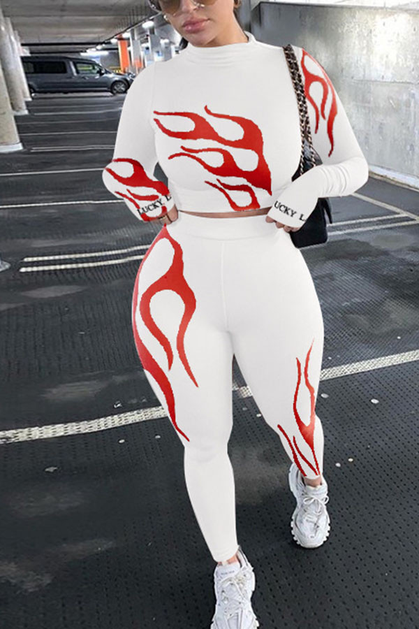 White Fashion Casual Adult Print Patchwork O Neck Long Sleeve Cap Sleeve Short Two Pieces