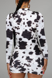White Sexy Print O Neck Long Sleeve Mini Pencil Skirt Dresses