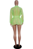 Green cardigan Long Sleeve perspective Solid Mesh Patchwork Long Sleeve Tops