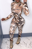 Blue Sexy Camouflage Print Patchwork Half A Turtleneck Skinny Jumpsuits
