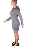purple Street Cap Sleeve Long Sleeves Hooded Step Skirt Knee-Length Solid