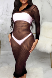 Pink Sexy Solid Mesh V Neck Pencil Skirt Dresses