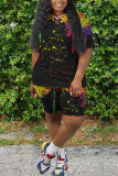 Black Sportswear Print O Neck Short Sleeve Two Pieces