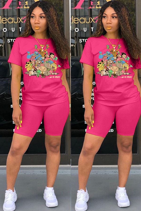 watermelon red Fashion Casual adult Patchwork Print Character Two Piece Suits Straight Short Sleeve Two Pieces