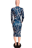 Navy Blue Sexy England Long Sleeves V Neck Step Skirt Knee-Length Print Dresses