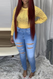 Baby Blue Fashion Casual Solid Ripped Mid Waist Skinny Jeans