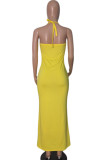 Green Milk. Fashion Sexy Green Yellow Off The Shoulder Sleeveless Halter Neck Pencil Dress Floor-Length Solid Dresses