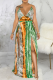 Green Sexy Print High Opening Spaghetti Strap Straight Dresses