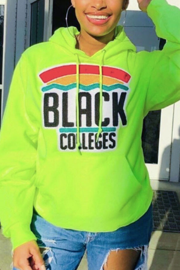 Fluorescent green Chemical fiber blend hooded Long Sleeve Letter Print Fluorescent Rainbow Tops