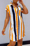 Deep Blue Fashion Casual Striped Print Basic Turndown Collar Shirt Dress
