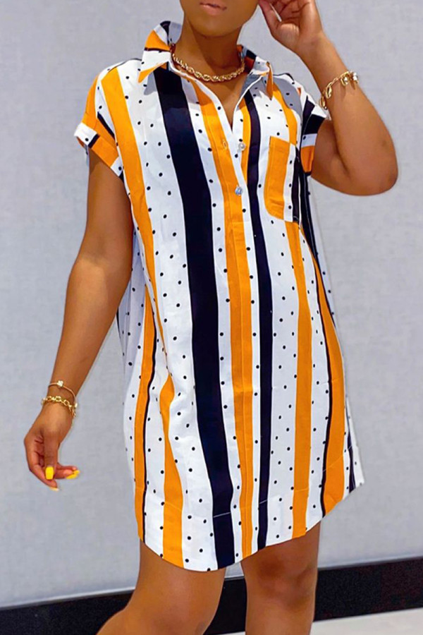 Orange Fashion Casual Striped Print Basic Turndown Collar Shirt Dress