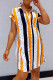 Orange Fashion Casual Striped Print Basic Turndown Collar Shirt Dress