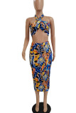Blue Red Sexy Print Bandage Patchwork Frenulum Fold Halter Sleeveless Two Pieces