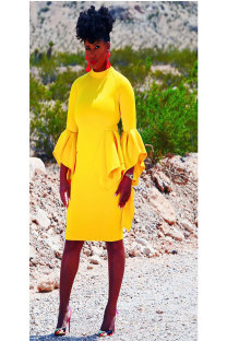 Yellow Fashion Sexy Long Sleeves O neck skirt Solid 