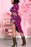 Rose Red Sexy Print Butterfly Print Patchwork O Neck Pencil Skirt Dresses