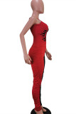 Yellow Red Fashion Sexy Letter Print Patchwork Backless Fold O Neck Skinny Jumpsuits
