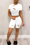 Black Fashion Casual Solid Ripped O Neck Short Sleeve Two Pieces