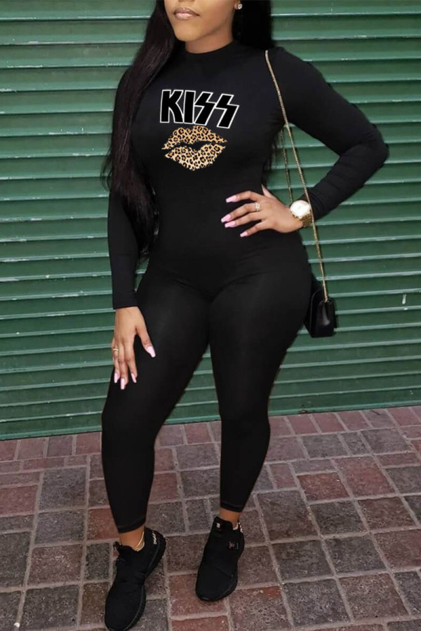 Black Casual Print O Neck Regular Jumpsuits