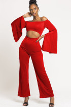 Red Sexy Patchwork Solid Ruffled Long Sleeve one word collar Jumpsuits