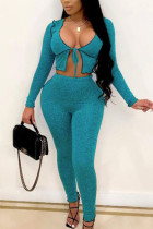 Light Blue Street Solid Hollowed Out See-through U Neck Long Sleeve Short Two Pieces