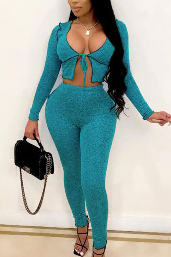 Light Blue Street Solid Hollowed Out See-through U Neck Long Sleeve Short Two Pieces