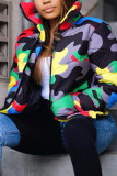 Green Turtleneck Camouflage Print Zippered Patchwork Spandex Print Long Sleeve Blazer & Suits &Jacket