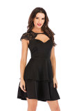 Wine Red Sexy O neck Princess Dress Mini hollow out Patchwork lace 