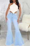Baby Blue Casual Butterfly Print Patchwork Mid Waist Boot Cut Denim Jeans