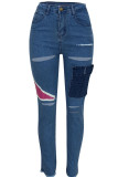 Blue Fashion Casual Print Ripped Buttons Regular Mid Waist Pencil Bottoms