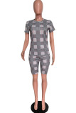 Black Fashion Casual Print Basic O Neck Short Sleeve Two Pieces
