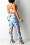Orange Sexy Print Patchwork Spaghetti Strap Sleeveless Two Pieces