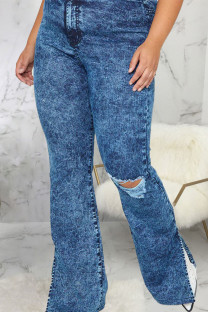 Gray Blue Sexy Solid Ripped Slit Mid Waist Regular Denim