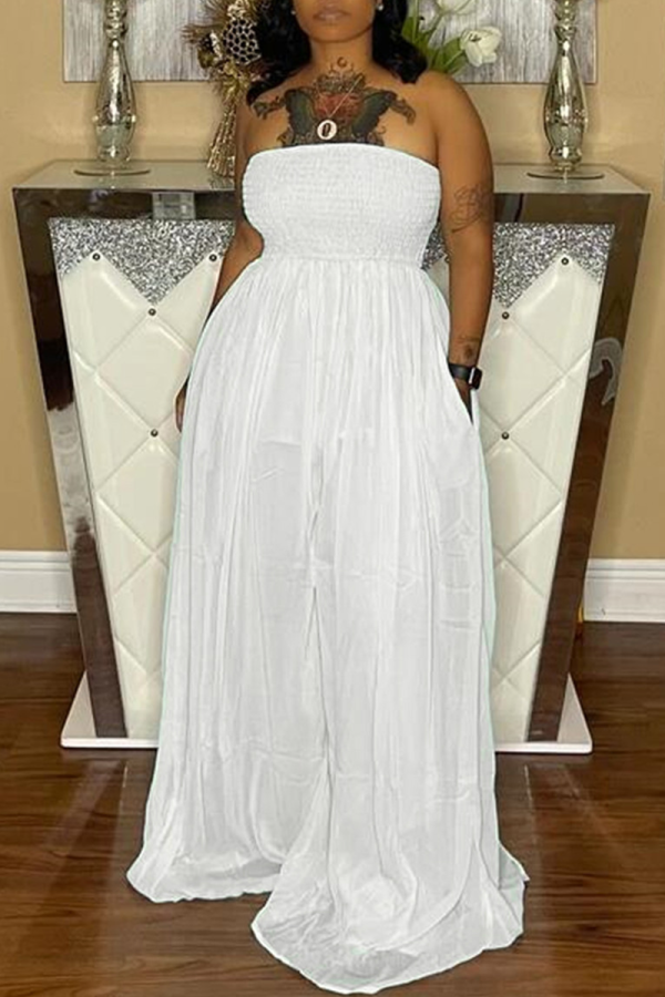 White Sexy Solid Patchwork Strapless Loose Jumpsuits