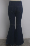 Blue Denim Zipper Fly Button Fly Mid washing Pocket Zippered Solid Boot Cut Pants Pants