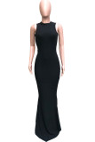 Black Lightly cooked Sleeveless O neck Swagger Floor-Length Solid Dresses