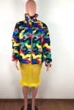 Green Turtleneck Camouflage Print Zippered Patchwork Spandex Print Long Sleeve Blazer & Suits &Jacket